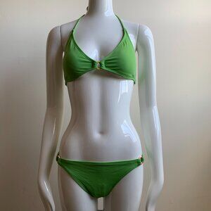 billabong solid green ring halter top bikini